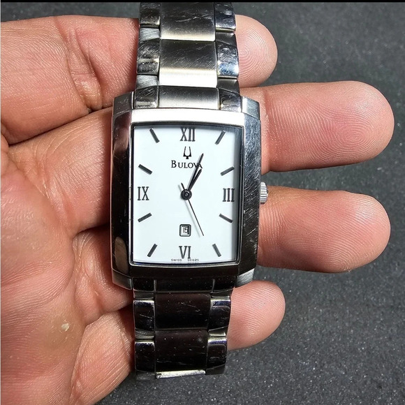 Bulova Mens Quartz Watch Tank Style White Date Just Dial Working A8 C875487 - Picture 1 of 10